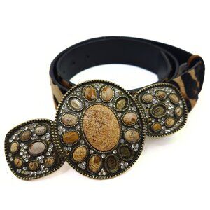 WCM Womens Leopard Print Ponyhair Stone Inlay Large Buckle Leather Belt